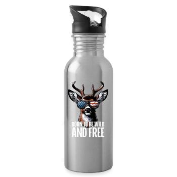 4th of July Stag Patriotic Outfit USA Flag - Water bottle with straw - silver - Right