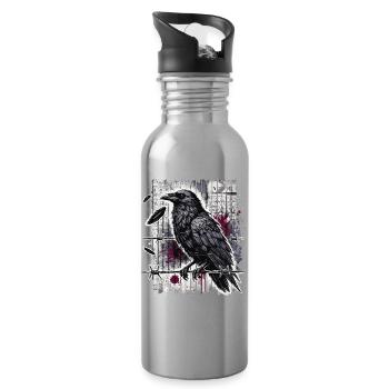 Rabe auf Stacheldraht - Gothic Dark Art - Trinkflasche mit integriertem Trinkhalm - Lightsilver - Rechts