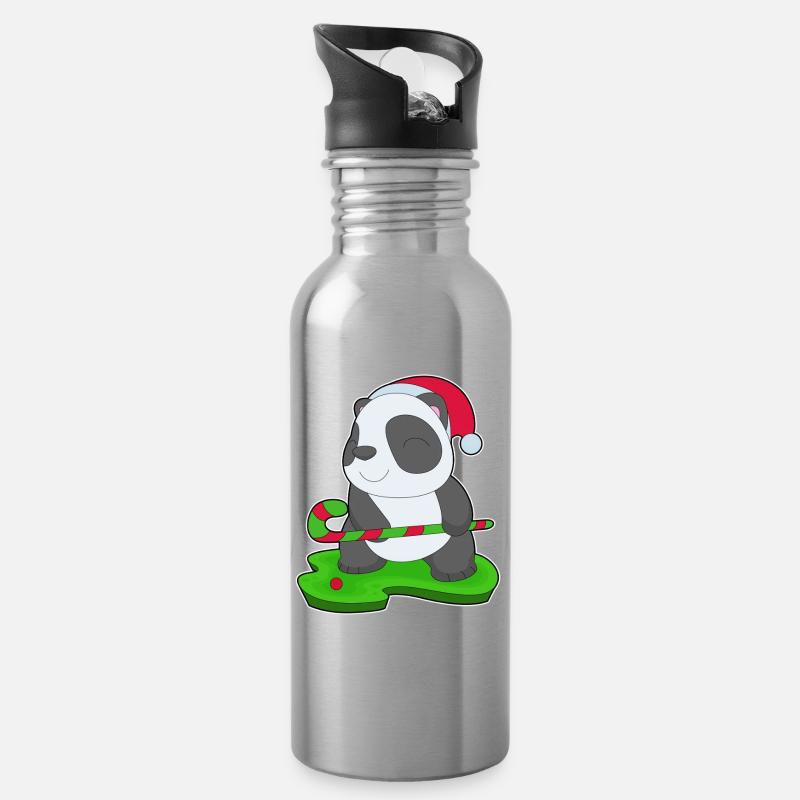 Panda Weihnachten Hockey - Trinkflasche mit integriertem Trinkhalm - Lightsilver