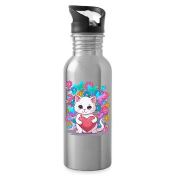 Cat Spring Flowers Heart Kids Baby Kitten - Water bottle with straw - silver - Right