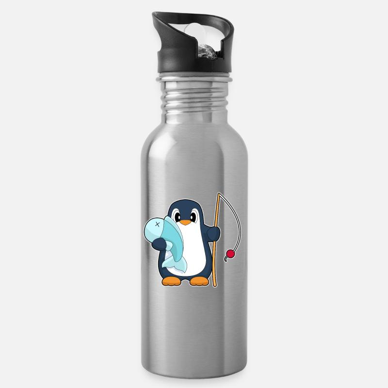 Pinguin Angler Fisch Angeln - Trinkflasche mit integriertem Trinkhalm - Lightsilver