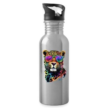 Leopard Panther Raubkatze Katze Panter Leoparden - Trinkflasche mit integriertem Trinkhalm - Lightsilver - Rechts