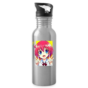 Cute Anime Manga Girl - Peace Sign Kawaii - Water bottle with straw - silver - Right