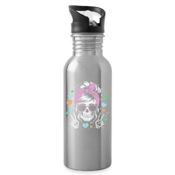 Playful Skull Girl with Heart Accents - Water bottle with straw - silver - Right