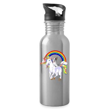 French Bulldog Riding Unicorn – Cute Magical Dog F - Water bottle with straw - silver - Right