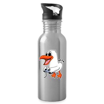 Cartoon seagull playing - Gamer North Sea - Water bottle with straw - silver - Right