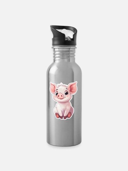 Schwein Ferkel - Trinkflasche mit integriertem Trinkhalm - Lightsilver
