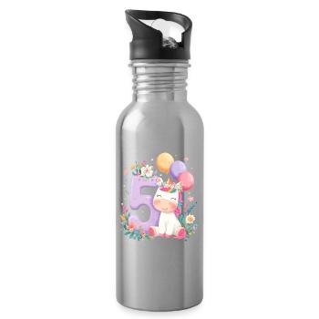 Unicorn Birthday 5 Birthday Number - Water bottle with straw - silver - Right