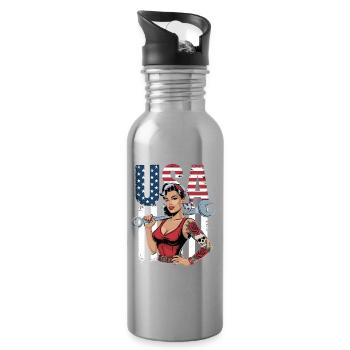 Femme forte avec une clé à molette devant le drapeau des États-Unis - Gourde avec paille intégrée - argent clair - Droite