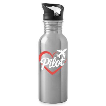 Heart and Airplane Pilot Design - Water bottle with straw - silver - Right