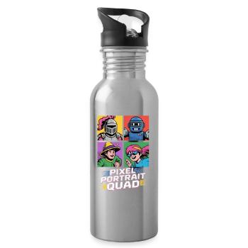 Pixel Portrait Quad Pop Culture Retro Video Game - Water bottle with straw - silver - Right
