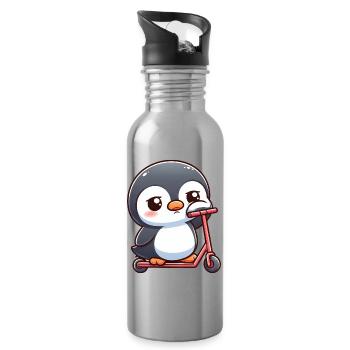 Süßer Cartoon Pinguin Roller Scooter Langeweile - Trinkflasche mit integriertem Trinkhalm - Lightsilver - Rechts