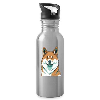 Cheerful Shiba Portrait - Water bottle with straw - silver - Right