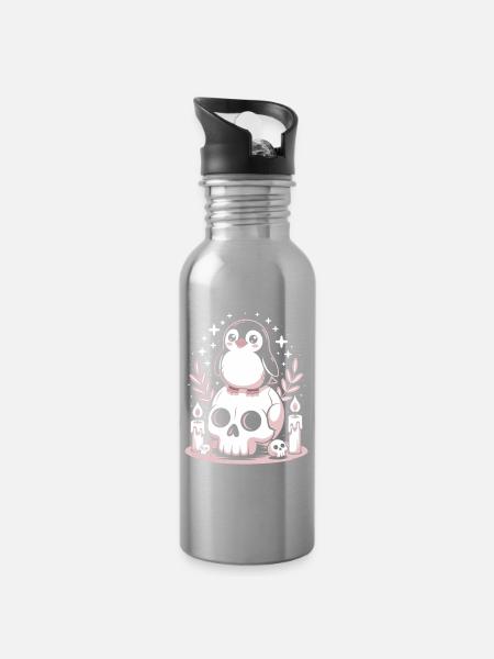 Kawaii Pastel Goth Penguin - Trinkflasche mit integriertem Trinkhalm - Lightsilver