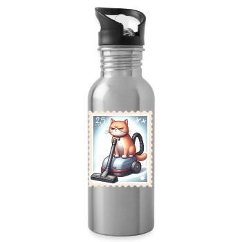 Fun Cat on Vacuum Cleaner - Water bottle with straw - silver - Right