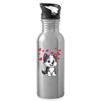 Herziger Husky mit Herzchen - Trinkflasche mit integriertem Trinkhalm - Lightsilver - Rechts