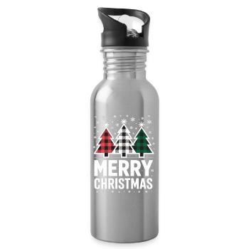 Merry Christmas Shirt Buffalo Check Christmas Trees - Water bottle with straw - silver - Right