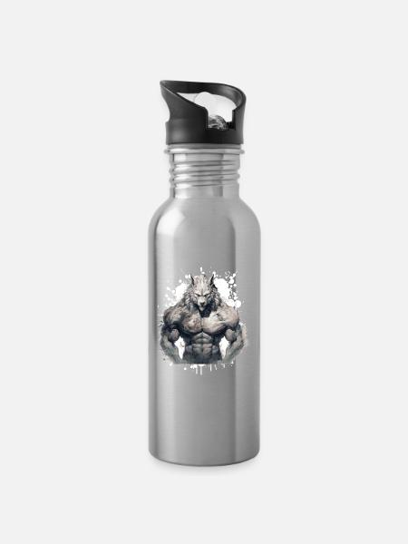 Wolf Muskeln Bodybuilding Beast - Trinkflasche mit integriertem Trinkhalm - Lightsilver
