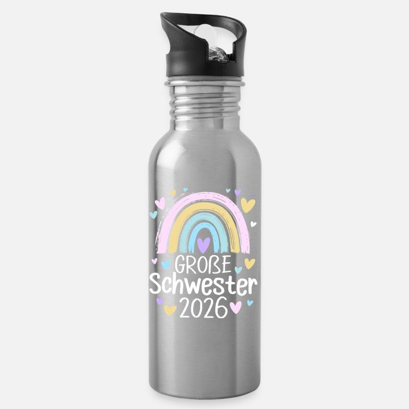 Große Schwester 2026 Regenbogen - Trinkflasche mit integriertem Trinkhalm - Lightsilver