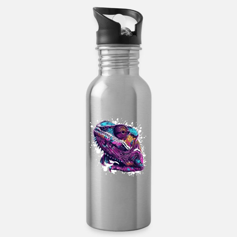 Neon Reptilienkopf Chamäleon - Trinkflasche mit integriertem Trinkhalm - Lightsilver