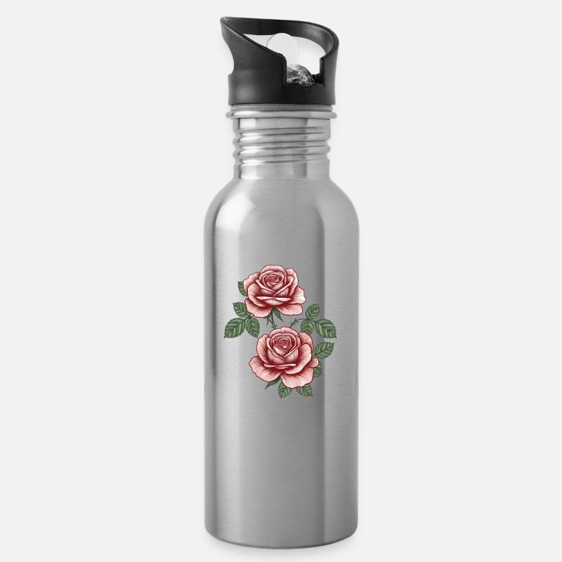 Roses Vintage Rouge sur Feuillage - Gourde avec paille intégrée - argent clair