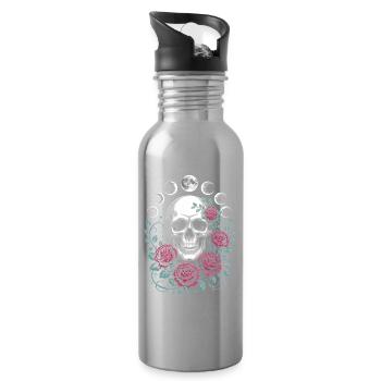 Gothic Skull with Moon Phases and Roses Design - Water bottle with straw - silver - Right