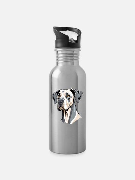 Dane Hund Kopfportrait - Trinkflasche mit integriertem Trinkhalm - Lightsilver