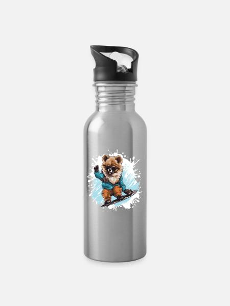 Chien Poméranien Snowboard - Gourde avec paille intégrée - argent clair