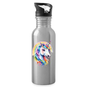 Regenbogen Einhorn Portrait - Trinkflasche mit integriertem Trinkhalm - Lightsilver - Rechts