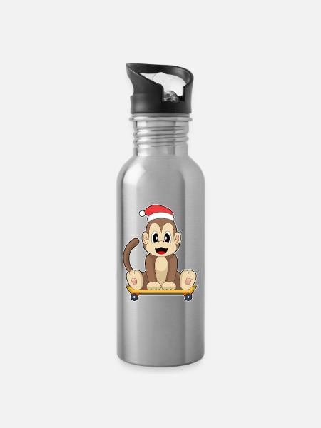 Affe Weihnachten Skateboard - Trinkflasche mit integriertem Trinkhalm - Lightsilver