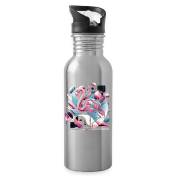 Neon Flamingo Geometric Pop 80s - Water bottle with straw - silver - Right
