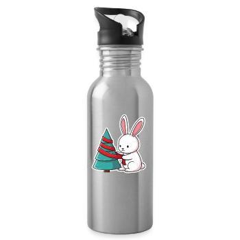 Lapin attache un arbre avec un ruban rouge - Gourde avec paille intégrée - argent clair - Droite