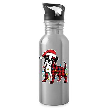 Dog Boxer Christmas Plaid Red Plaid - Water bottle with straw - silver - Right