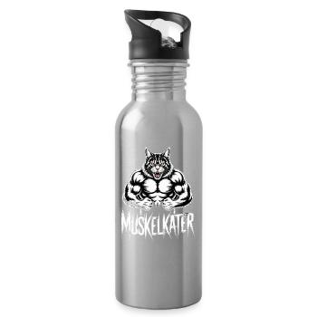 Muscular Sore Muscle Cartoon Cat - Water bottle with straw - silver - Right