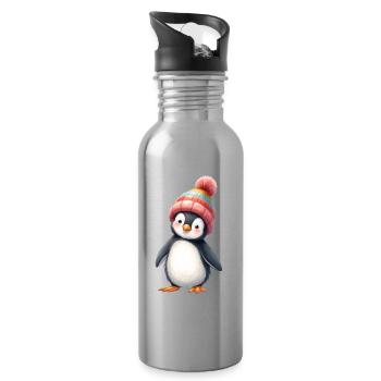 Penguin with colorful winter hat - Water bottle with straw - silver - Right