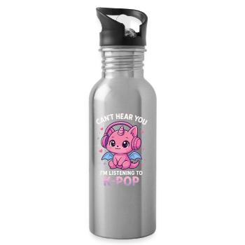 Kawaii Dragon Listening to K-Pop - Water bottle with straw - silver - Right