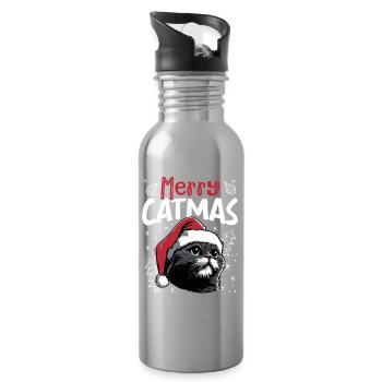 Merry Catmas Funny Cat Christmas Motif - Water bottle with straw - silver - Right