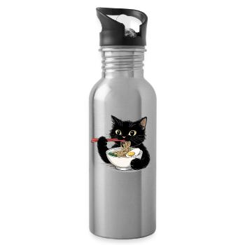 Chat noir mangeant des nouilles ramen - Gourde avec paille intégrée - argent clair - Droite