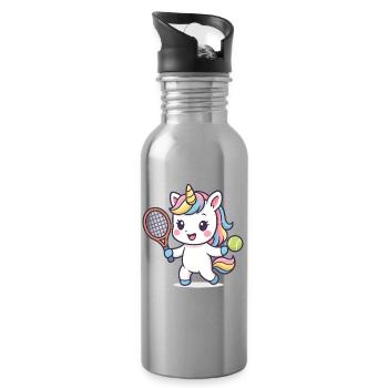 Kawaii Tennis Einhorn, süßes Kindermotiv, Sport - Trinkflasche mit integriertem Trinkhalm - Lightsilver - Rechts