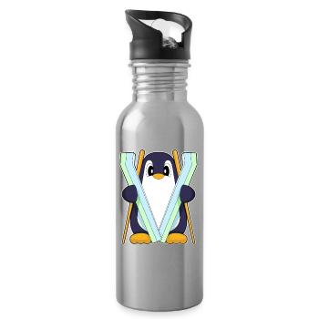 Pinguin Skifahrer Ski Wintersport - Trinkflasche mit integriertem Trinkhalm - Lightsilver - Rechts