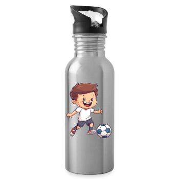 Kicker-Junior: Fröhlicher Junge Fußball - Trinkflasche mit integriertem Trinkhalm - Lightsilver - Rechts