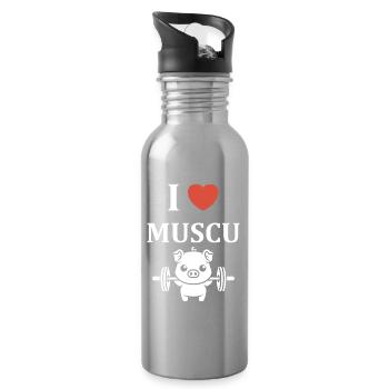 I love muscu — mascotte cochon fort - Gourde avec paille intégrée - argent clair - Droite