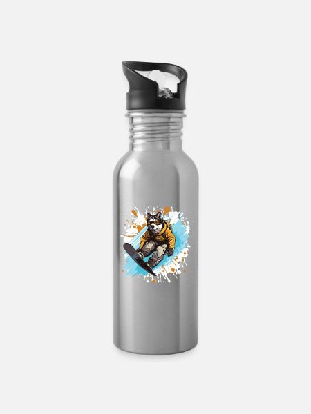 Husky Hund Snowboard - Trinkflasche mit integriertem Trinkhalm - Lightsilver