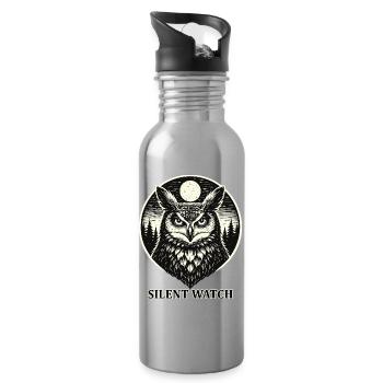 Silent Watch - Owl in Woodcut Style - Water bottle with straw - silver - Right