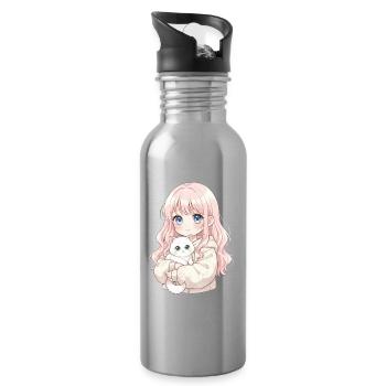 Anime Mädchen Katze Japan Kawaii Katzenliebhaber - Trinkflasche mit integriertem Trinkhalm - Lightsilver - Rechts