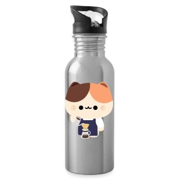 Kawaii Cat Barista Coffee Portrait - Water bottle with straw - silver - Right