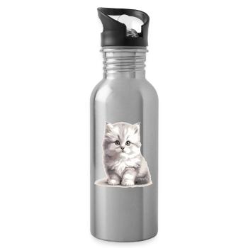 Fluffy Kitten Portrait - Water bottle with straw - silver - Right