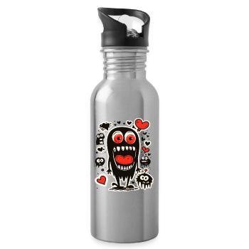Black monster with a heart in its mouth - Water bottle with straw - silver - Right