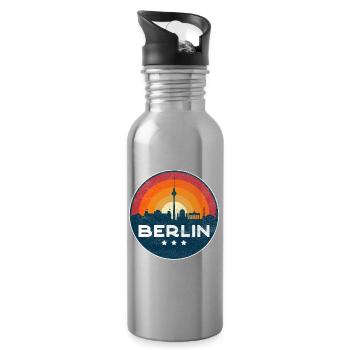 Berlin Skyline Sunset Retro Badge Design - Water bottle with straw - silver - Right