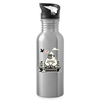 Gorilla on Bench with Curious Bird - Water bottle with straw - silver - Right